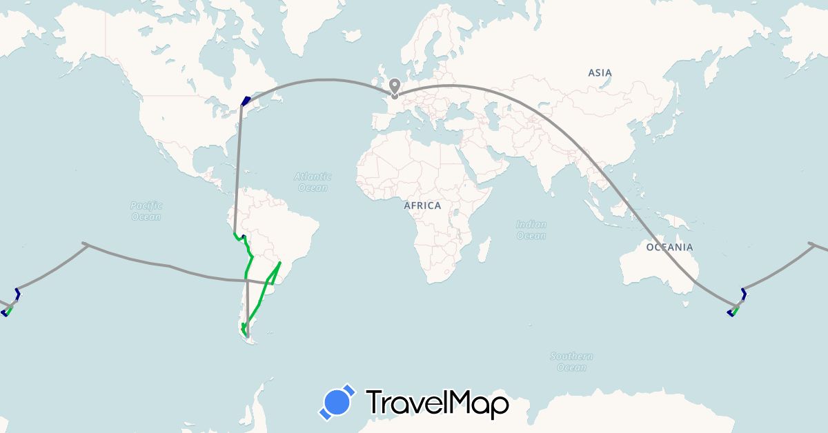 TravelMap itinerary: driving, bus, plane, train, hiking, boat in Argentina, Australia, Canada, Chile, France, New Zealand, Peru, French Polynesia (Europe, North America, Oceania, South America)